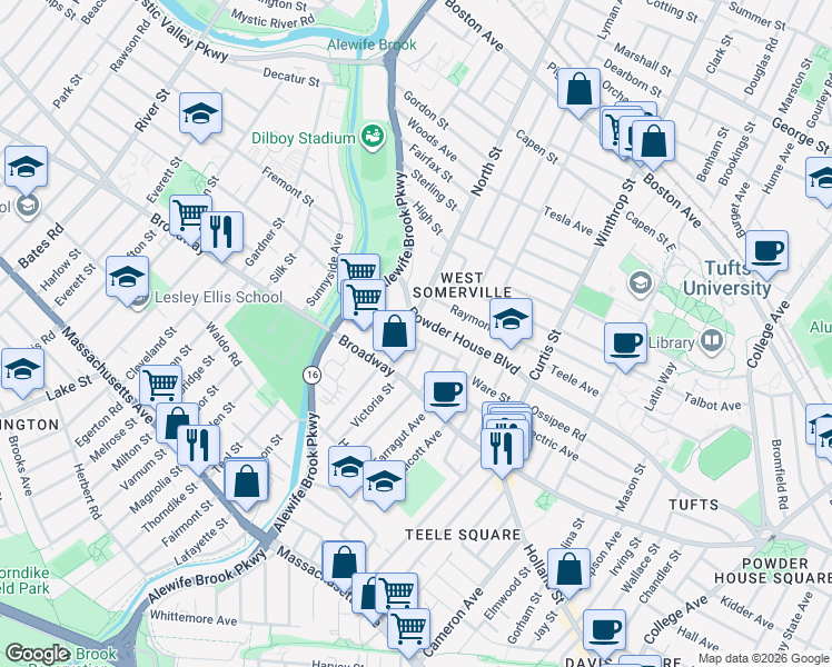 map of restaurants, bars, coffee shops, grocery stores, and more near 35 Barton Street in Somerville