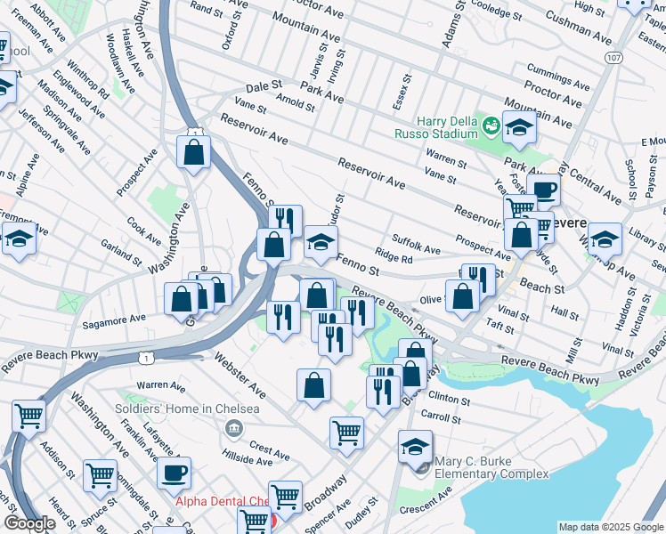 map of restaurants, bars, coffee shops, grocery stores, and more near 1085 Revere Beach Parkway in Revere
