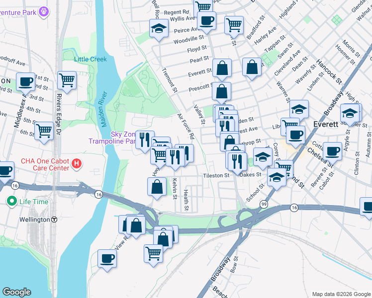map of restaurants, bars, coffee shops, grocery stores, and more near 5 Air Force Road in Everett
