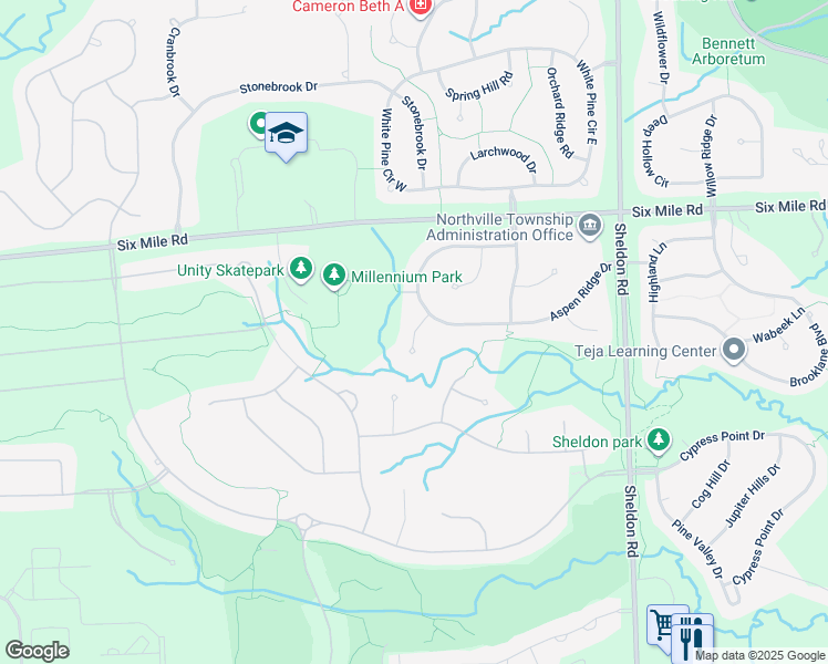 map of restaurants, bars, coffee shops, grocery stores, and more near 16540 Cottonwood Court in Northville