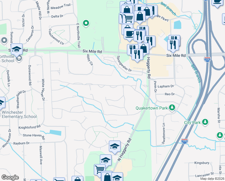 map of restaurants, bars, coffee shops, grocery stores, and more near 39477 Village Run Drive in Northville
