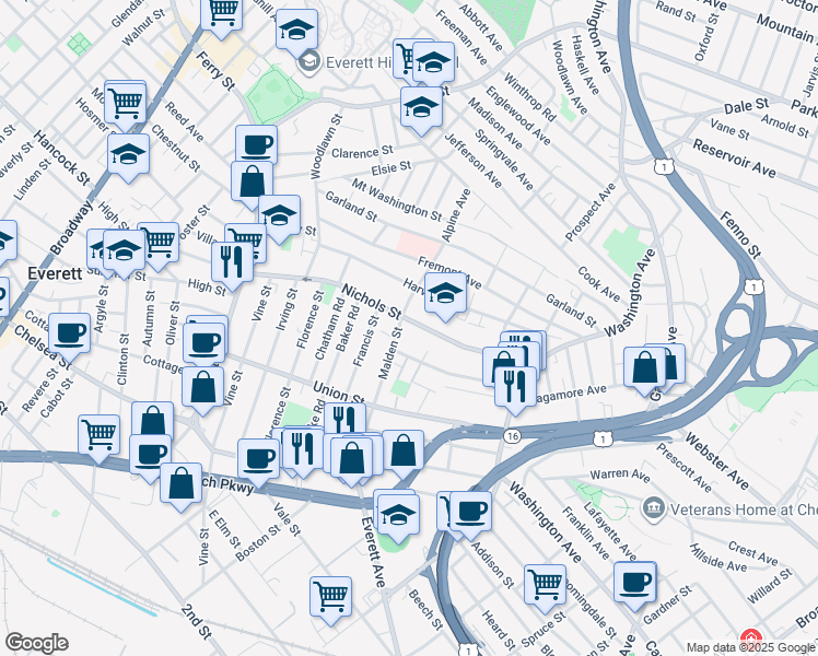 map of restaurants, bars, coffee shops, grocery stores, and more near 113 Malden Street in Everett