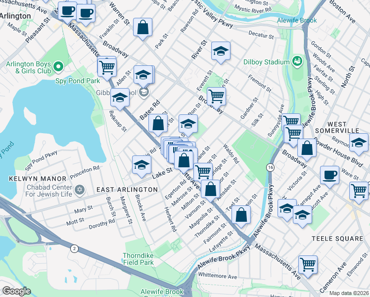 map of restaurants, bars, coffee shops, grocery stores, and more near 20 Winter Street in Arlington