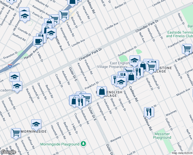 map of restaurants, bars, coffee shops, grocery stores, and more near 5210 Yorkshire Road in Detroit