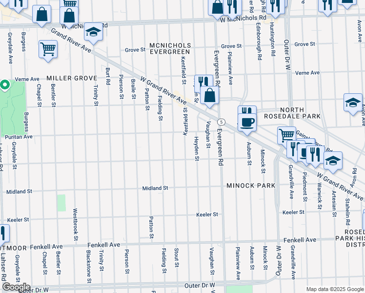 map of restaurants, bars, coffee shops, grocery stores, and more near 15835 Kentfield Street in Detroit