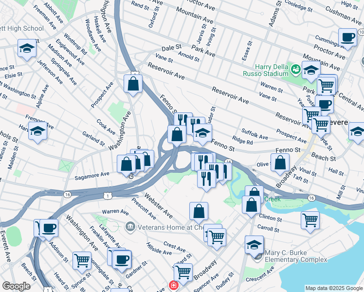map of restaurants, bars, coffee shops, grocery stores, and more near 2 Borden Street in Revere