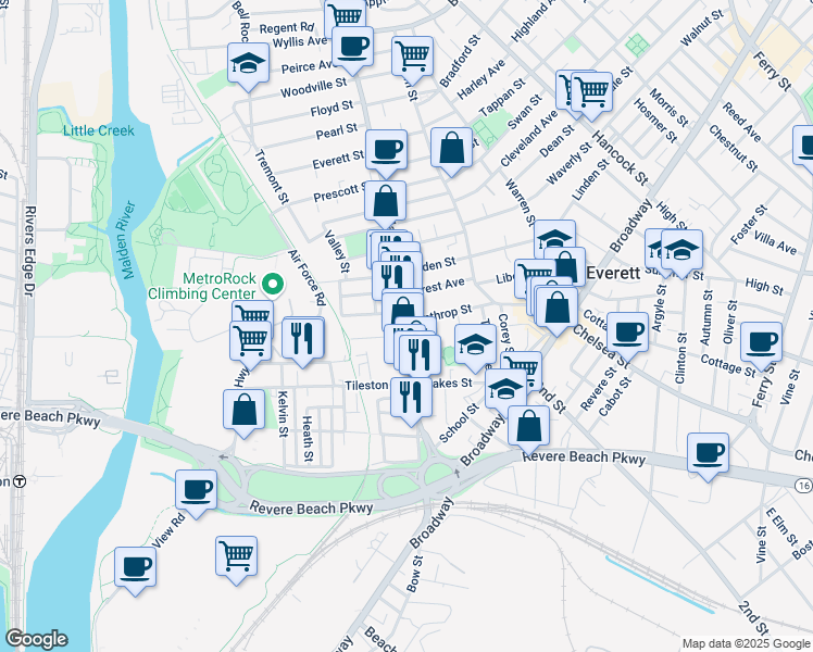 map of restaurants, bars, coffee shops, grocery stores, and more near 10 Parlin Street in Everett