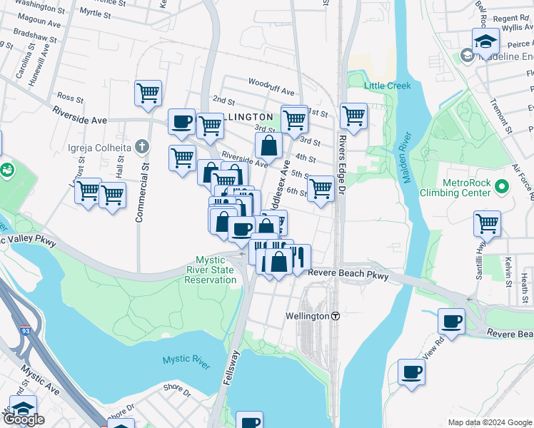 map of restaurants, bars, coffee shops, grocery stores, and more near 135 Middlesex Avenue in Medford