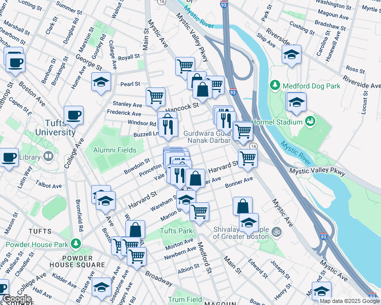 map of restaurants, bars, coffee shops, grocery stores, and more near 19 Golden Avenue in Medford