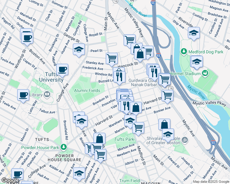 map of restaurants, bars, coffee shops, grocery stores, and more near 9 Princeton Street in Medford