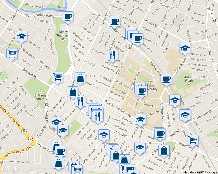 map of restaurants, bars, coffee shops, grocery stores, and more near 92 Curtis Street in Somerville
