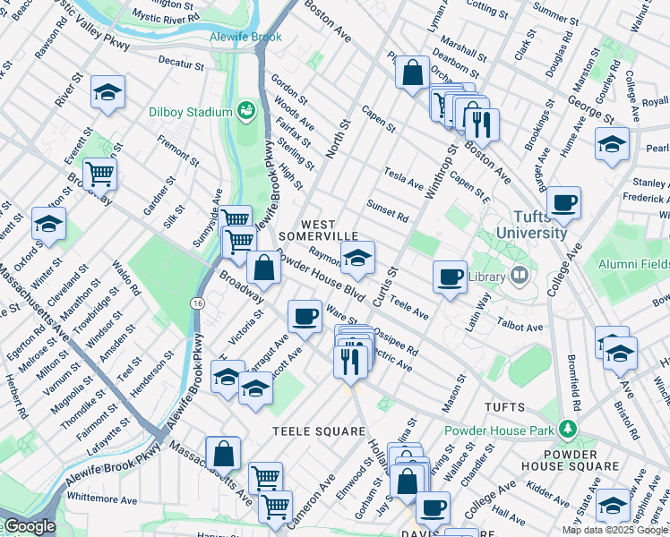 map of restaurants, bars, coffee shops, grocery stores, and more near 183 Powder House Boulevard in Somerville