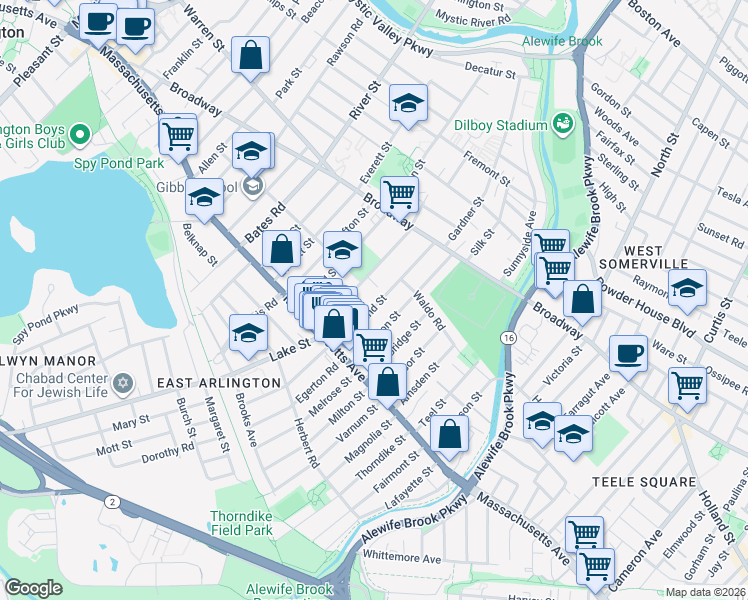 map of restaurants, bars, coffee shops, grocery stores, and more near 28 Cleveland Street in Arlington
