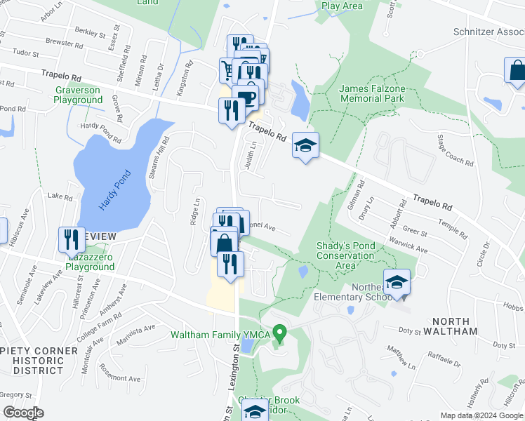 map of restaurants, bars, coffee shops, grocery stores, and more near 42 Lionel Avenue in Waltham