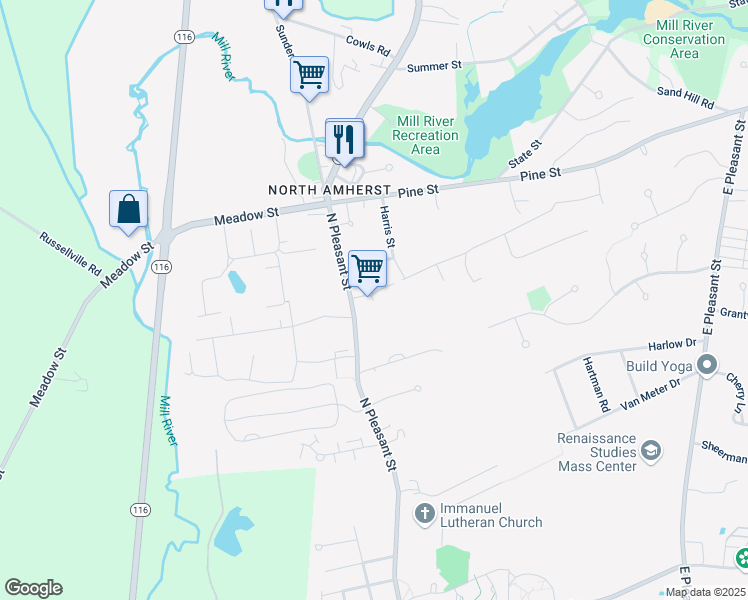 map of restaurants, bars, coffee shops, grocery stores, and more near 1073 North Pleasant Street in Amherst