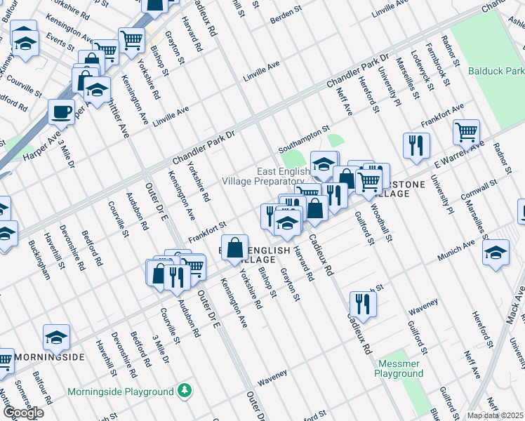 map of restaurants, bars, coffee shops, grocery stores, and more near 5067 Harvard Road in Detroit