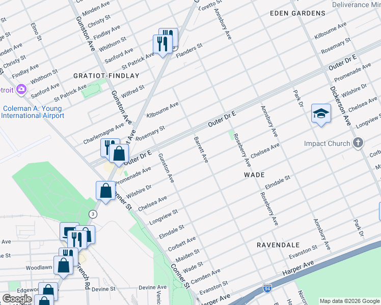 map of restaurants, bars, coffee shops, grocery stores, and more near 11807 Wilshire Drive in Detroit