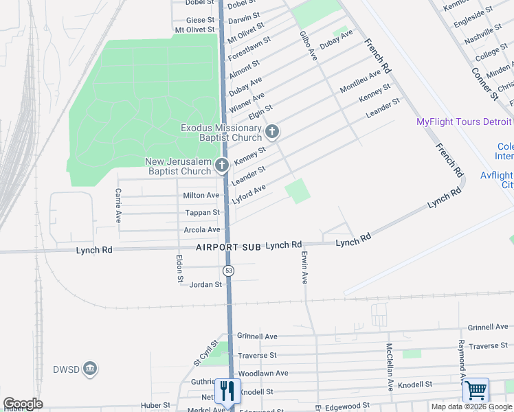 map of restaurants, bars, coffee shops, grocery stores, and more near 8061 Molena Street in Detroit