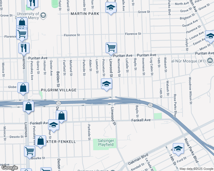 map of restaurants, bars, coffee shops, grocery stores, and more near 15703 Princeton Street in Detroit