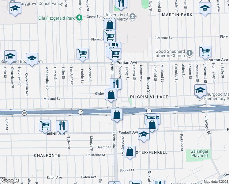 map of restaurants, bars, coffee shops, grocery stores, and more near in Detroit
