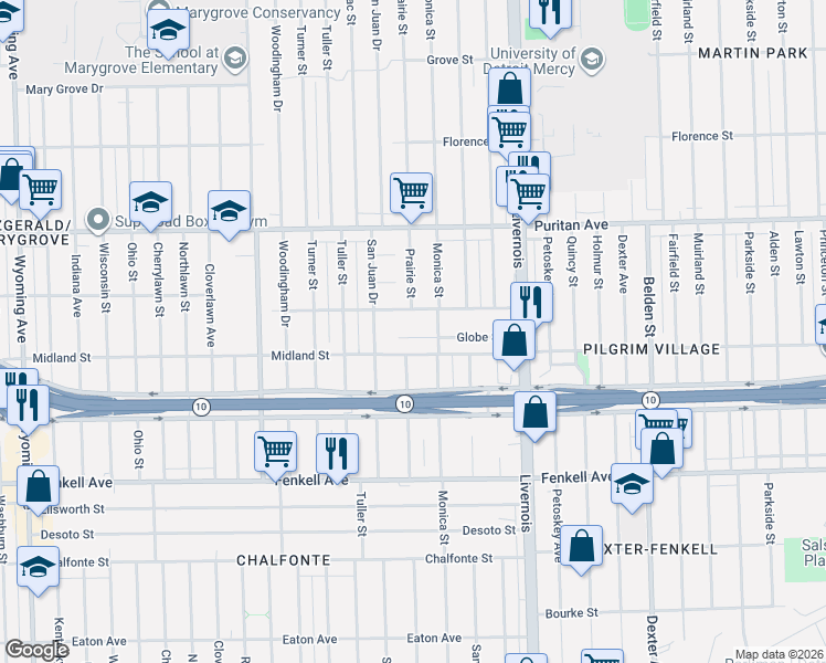 map of restaurants, bars, coffee shops, grocery stores, and more near 7369 Globe Street in Detroit