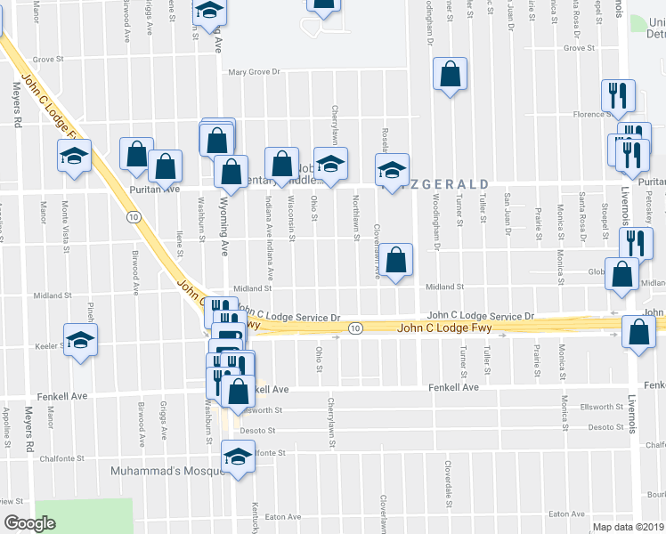 map of restaurants, bars, coffee shops, grocery stores, and more near 15708 Cherrylawn Street in Detroit