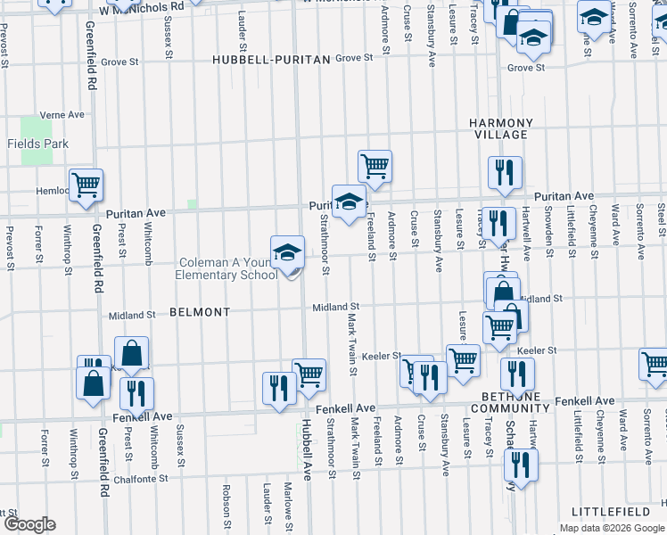 map of restaurants, bars, coffee shops, grocery stores, and more near 15743 Mark Twain Street in Detroit