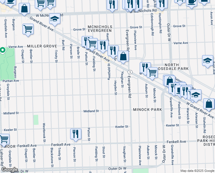 map of restaurants, bars, coffee shops, grocery stores, and more near 15835 Kentfield Street in Detroit