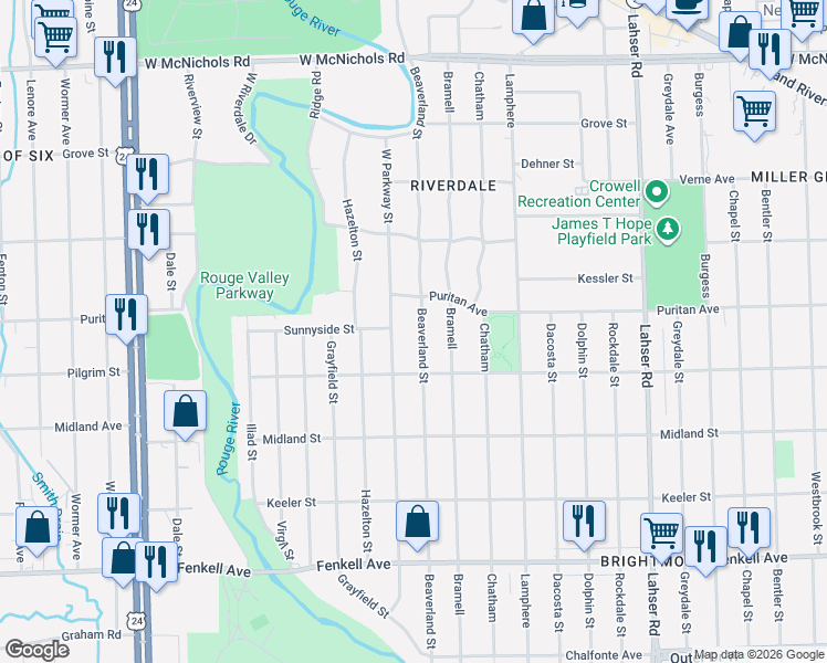 map of restaurants, bars, coffee shops, grocery stores, and more near 15852 West Parkway Street in Detroit