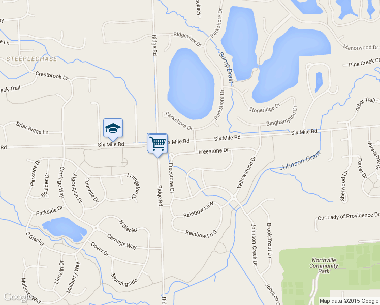 map of restaurants, bars, coffee shops, grocery stores, and more near 48913 Freestone Drive in Northville