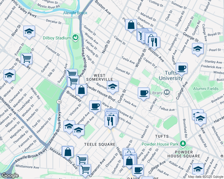 map of restaurants, bars, coffee shops, grocery stores, and more near 183 Powder House Boulevard in Somerville