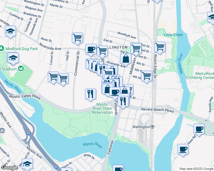map of restaurants, bars, coffee shops, grocery stores, and more near 630 Fellsway in Medford