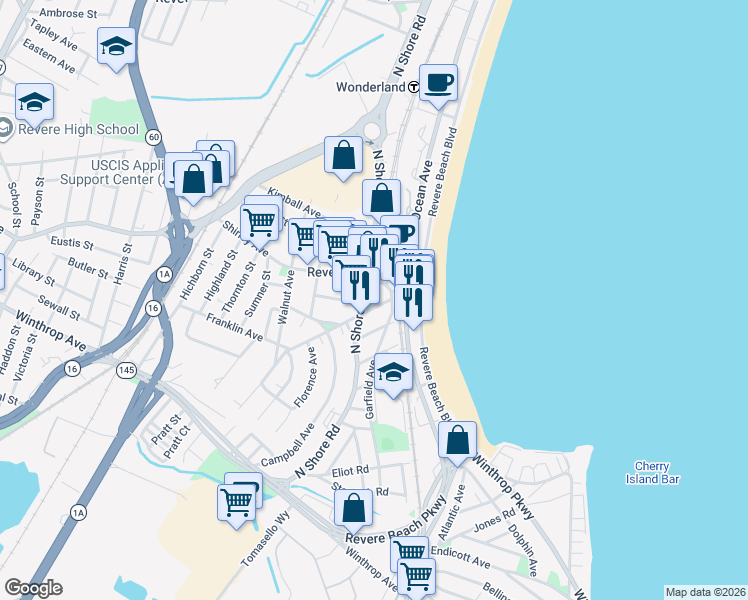 map of restaurants, bars, coffee shops, grocery stores, and more near in Revere