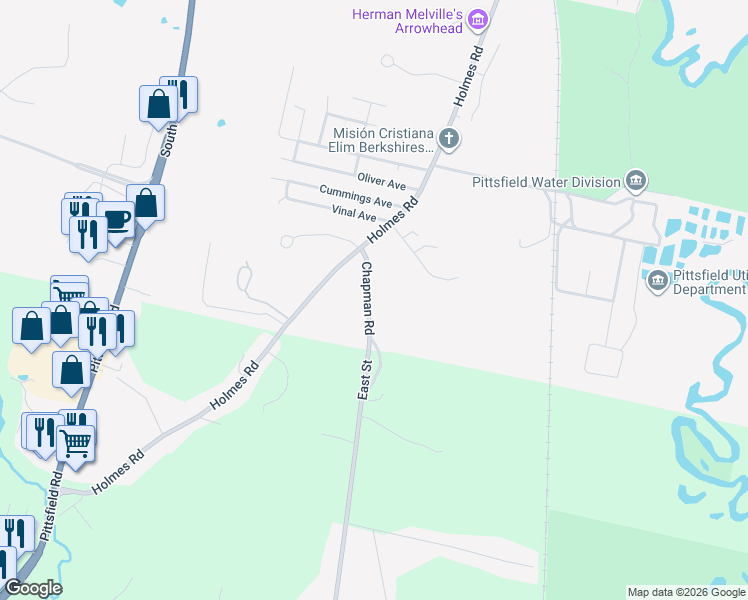 map of restaurants, bars, coffee shops, grocery stores, and more near 51 Chapman Road in Pittsfield