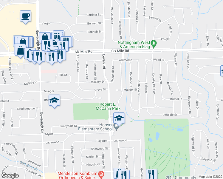 map of restaurants, bars, coffee shops, grocery stores, and more near 16490 Levan Road in Livonia