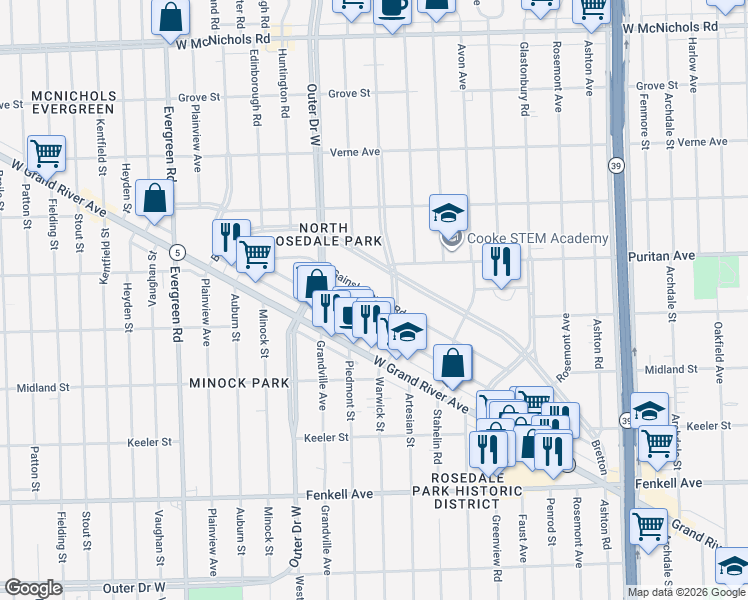 map of restaurants, bars, coffee shops, grocery stores, and more near 15963 Warwick Street in Detroit