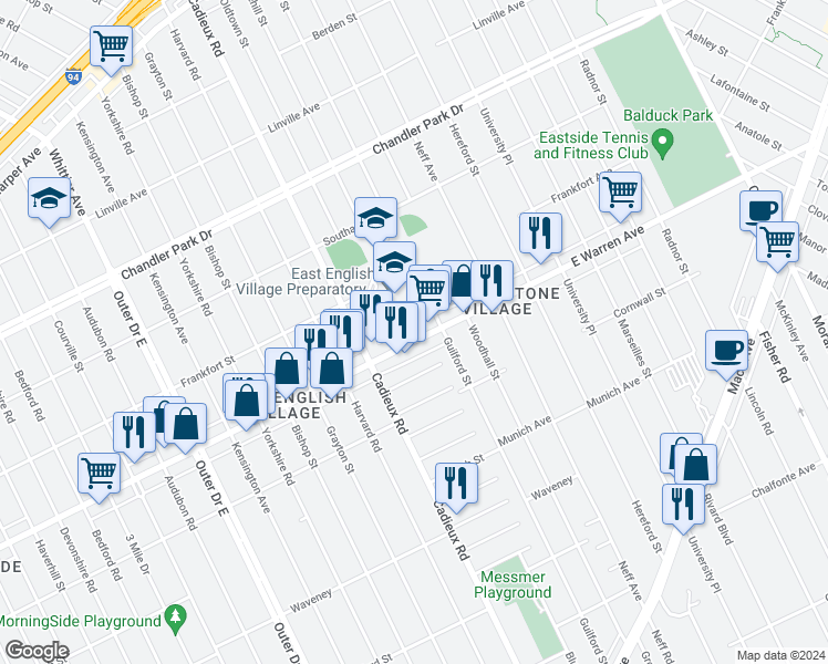 map of restaurants, bars, coffee shops, grocery stores, and more near Bluehill in Detroit