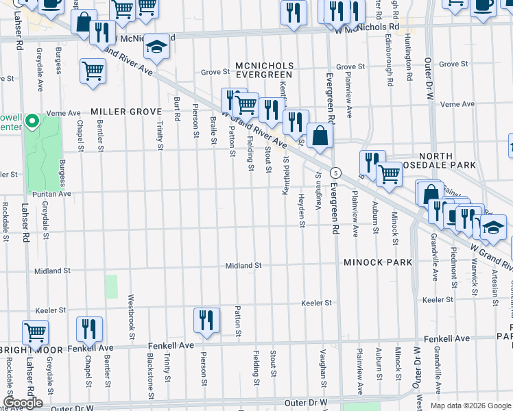 map of restaurants, bars, coffee shops, grocery stores, and more near 15834 Fielding Street in Detroit