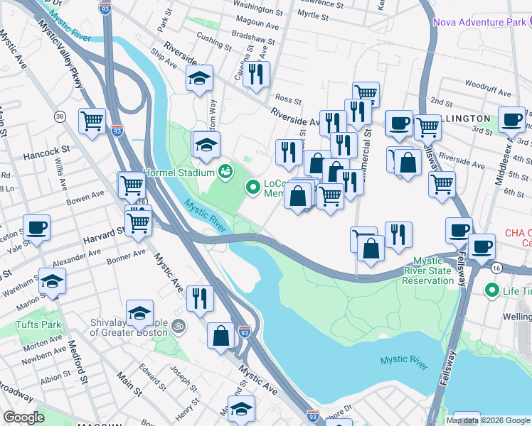 map of restaurants, bars, coffee shops, grocery stores, and more near 3780 Mystic Valley Parkway in Medford