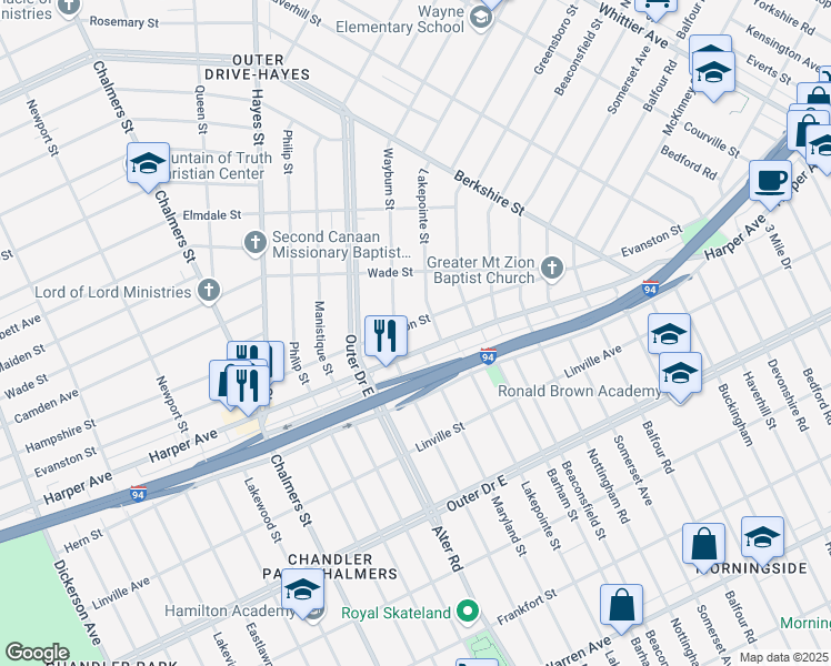 map of restaurants, bars, coffee shops, grocery stores, and more near 15032 Evanston Street in Detroit