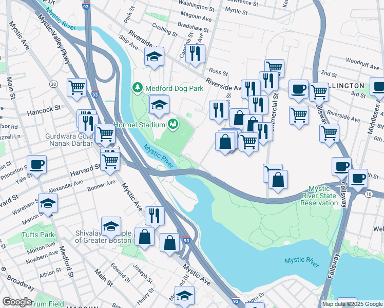 map of restaurants, bars, coffee shops, grocery stores, and more near 3780 Mystic Valley Parkway in Medford