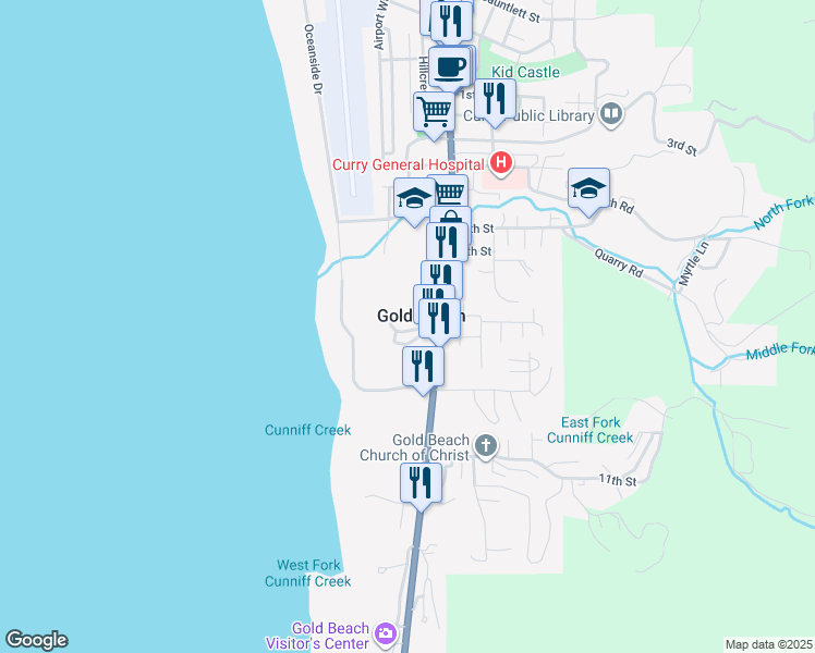 map of restaurants, bars, coffee shops, grocery stores, and more near 29430 Ellensburg Avenue in Gold Beach