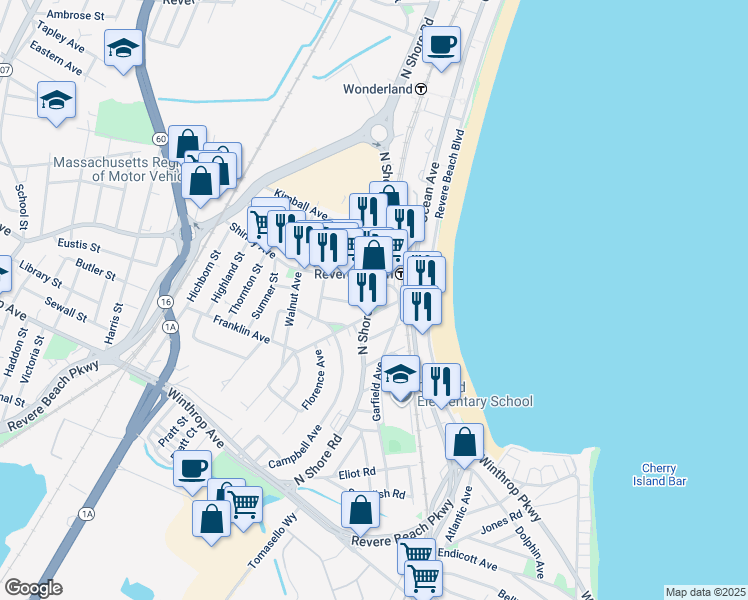 map of restaurants, bars, coffee shops, grocery stores, and more near 101 Centennial Avenue in Revere