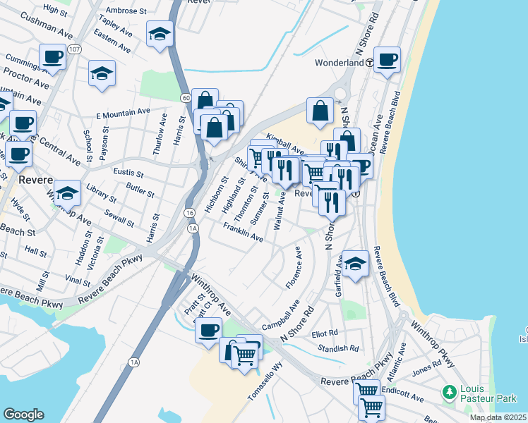 map of restaurants, bars, coffee shops, grocery stores, and more near 28 Franklin Place in Revere