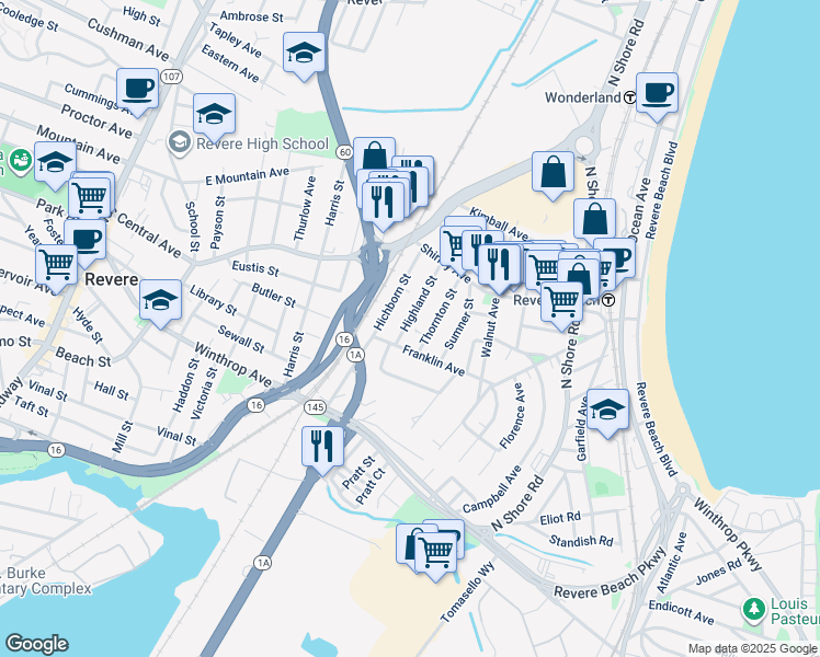 map of restaurants, bars, coffee shops, grocery stores, and more near 2 Summit Avenue in Revere