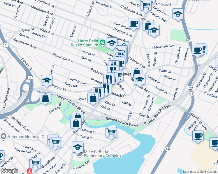 map of restaurants, bars, coffee shops, grocery stores, and more near 209 Massachusetts 107 in Revere