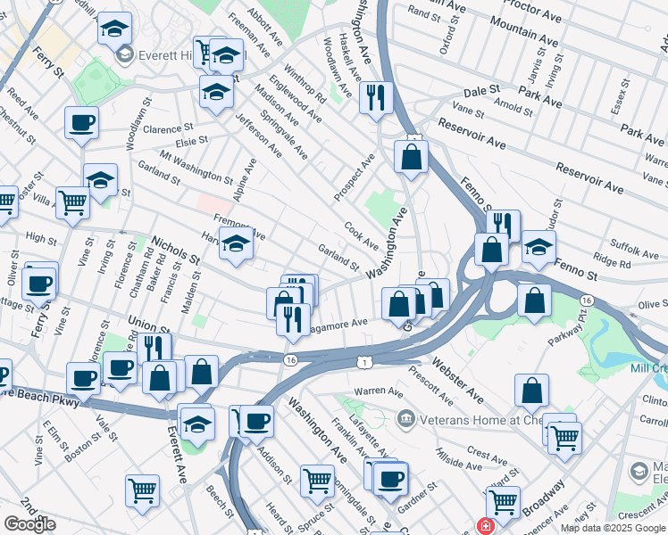 map of restaurants, bars, coffee shops, grocery stores, and more near 22 Harvard Street in Chelsea