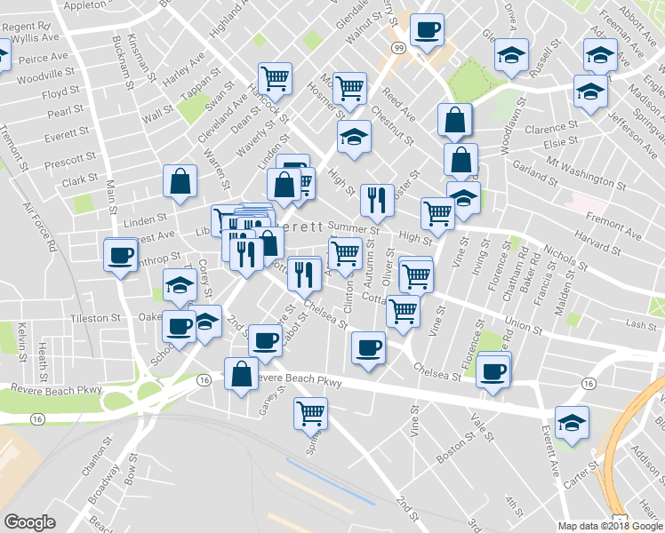 map of restaurants, bars, coffee shops, grocery stores, and more near 78 Cottage Street in Everett