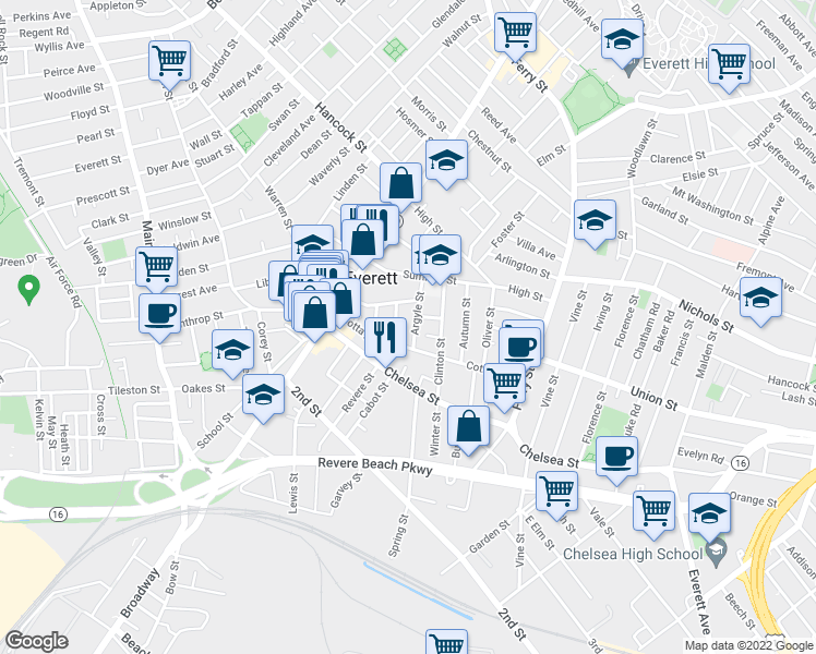 map of restaurants, bars, coffee shops, grocery stores, and more near 78 Cottage Street in Everett