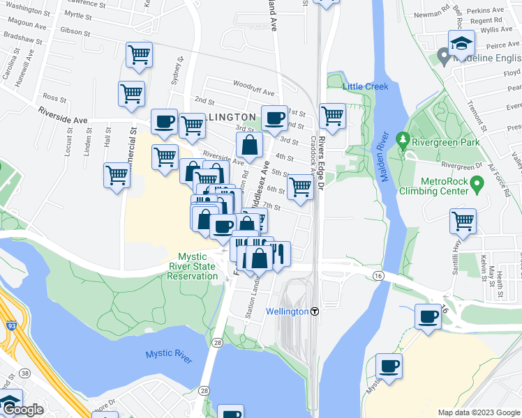 map of restaurants, bars, coffee shops, grocery stores, and more near 135 Middlesex Avenue in Medford